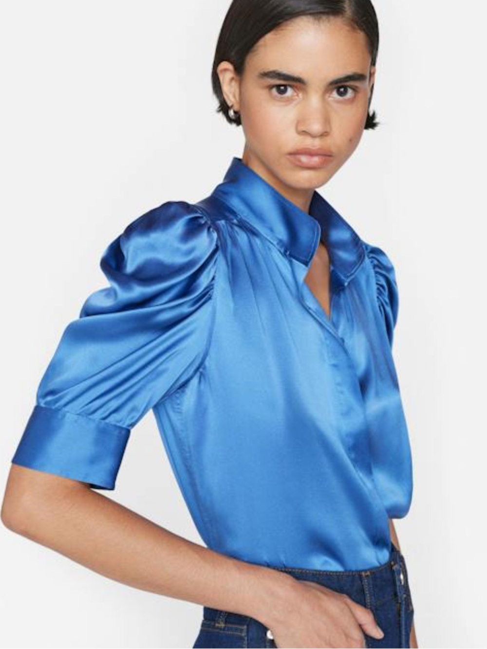 Frame Gillian blue silk puff sleeve top